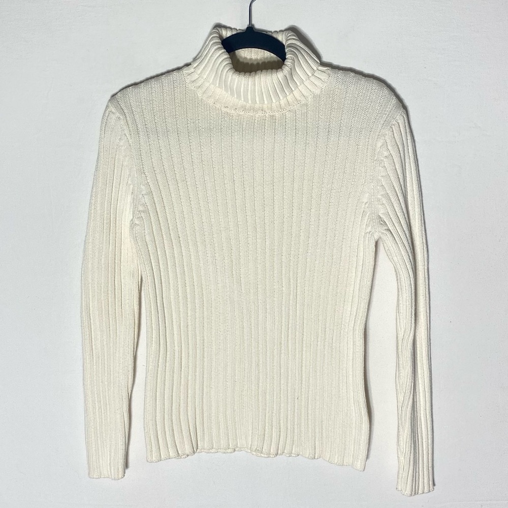 Vintage Y2K Splendor! Cream Ribbed Cotton Knit Turtleneck Sweater M